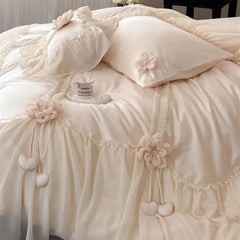 Apricot Color Princess Wedding Bedding Set 1000TC Egyptian Cotton Lace Ruffles Duvet Cover Bed Sheet/Fitted Sheet Pillowcases
