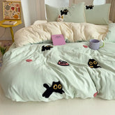 Bedding Set Super Soft Washed Cotton Towel Embroidery Duvet Cover Four Piece Set - Lucky Cat Series