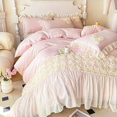 3Pcs Pink Skin-friendly Soft Three-dimensional Flowers Embroidery Lace Ruffles Princess Bedding Set Duvet Cover With Pillowcases