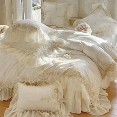 Egyptian Cotton Wedding Bedding Set, Romantic French Lace Ruffles, Flowers Embroidery, Duvet Cover, Bed Sheet, Pillowcases
