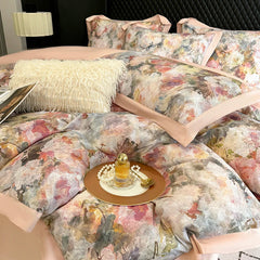 4pcs Floral Print Egyptian 100% Cotton Bedding Set Queen King Comforter Duvet Cover Flat/Fitted Bed Sheet Pillowcases 48x74cm