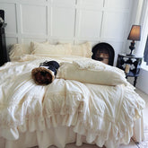 Vintage French Style Lace Ruffles Carved Velvet Wedding Bedding Set Duvet Cover Set Bed Sheet Fitted Sheet Bed Skirt Pillowcases