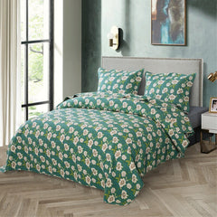 Double Bed Cotton Green White Flowers 3pcs Printed Quilted Quilt Pillowcase Free Shipping