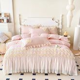3Pcs Pink Skin-friendly Soft Three-dimensional Flowers Embroidery Lace Ruffles Princess Bedding Set Duvet Cover With Pillowcases