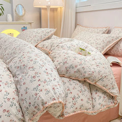 INS Girls Cherry Bedding Set Soft Washed Cotton Bed Sheet Queen King Size Simple Quilt Cover Pillowcase Bed Linens