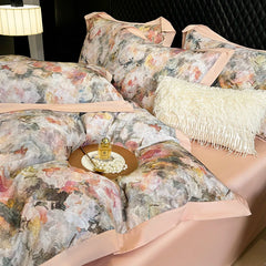 4pcs Floral Print Egyptian 100% Cotton Bedding Set Queen King Comforter Duvet Cover Flat/Fitted Bed Sheet Pillowcases 48x74cm