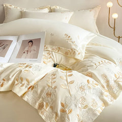 4pcs/set Light Luxury 120s Pure Cotton Floral Embroidered Quilt Cover Pillowcases Fitted Sheet Skin-friendly Naked Bedding Set