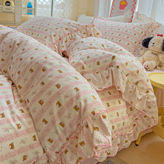 Korean Princess Style Floral Ruffles Bedding Set Washed Cotton Skin-friendly Soft Duvet Covers Set Bed Sheet Pillowcases 3/4Pcs