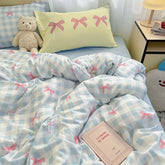 Bowknot Bedding Set Ins Girl Plaid Washed Dormitory Bed Sheet Quilt Cover Student Dormitory Three-piece Set