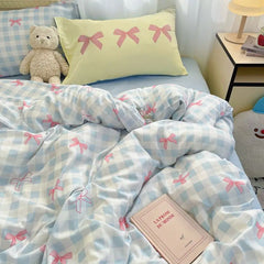 Bowknot Bedding Set Ins Girl Plaid Washed Dormitory Bed Sheet Quilt Cover Student Dormitory Three-piece Set