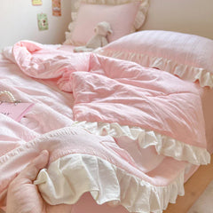Korean Princess Style Summer Cool Quilt Comforter Soft Seersucker Lace Ruffles Summer Thin Quilt Blanket Machine Washable