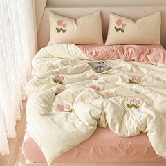 New Printed Duvet Cover with Bed Sheets and Pillowcases, Unfilled Washed Cotton, Full Size Light Luxury Home Bedding Set