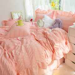Seersucker Princess Girl Kawaii Bedding Set Lovely Ruffles Home Woman Duvet Cover Set Luxury Solid Color Pleated Bedding Sets