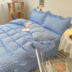 Euro Solid Color Ruffle Bedding Sets Girl Couple Fluffy Queen Duvet Cover With Bed Skirt Pillowcase Bedroom Comfort 4 Pieces Set