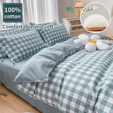 100% Cotton Green Plaid Bedding Set,Nordic Bed Cover 90,Skin Friendly, Duvetcover&2pcs Pillowcase,No Bed Sheet