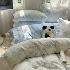 Blue Floral Ruffle Duvet Cover Set Queen Flower Leaf Comforter Covers 4Pcs Soft Luxury Pastoral Garden Washed Cotton Bedding Set