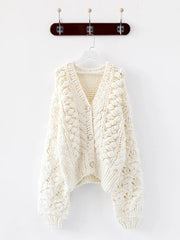 White Knitted Hollow-Out V-Neck Cardigan Sweater