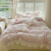 4pcs Korean lace Duvet Cover Set (1*Duvet Cover +1 flat sheet + 2*Pillowcase, Without Core), Pink checkered print Bedding Set