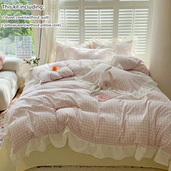 4pcs Korean lace Duvet Cover Set (1*Duvet Cover +1 flat sheet + 2*Pillowcase, Without Core), Pink checkered print Bedding Set