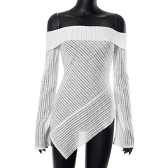White Knitted Off-Shoulder Stripe Long Sleeves Top