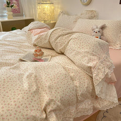 Korean Princess Style Flowers Lace Ruffles 100% Cotton Bedding Set Duvet Cover Bed Sheet/Fitted Sheet/Bed Skirt Pillowcases 4Pcs