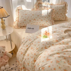 French Country Bedding Set - Ruffled Duvet Cover + Pillowcases (Queen Size, Soft Girls' Quilt-Style Decor)
