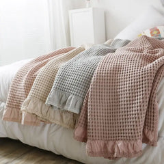 100% Cotton Soft Bed Plaid Home Japenese Knitted Blanket Corn Grain Waffle Embossed Summer Ruffles Warm Plaid Throw Bedspread