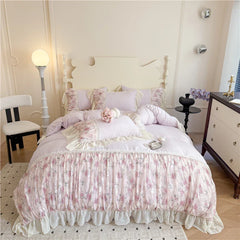 Princess Style Duvet Cover Sets with Lace Embroidery Bed Cover for Girls Queen/King Size 이불커버 Soft Pink Bedding with Ruffles