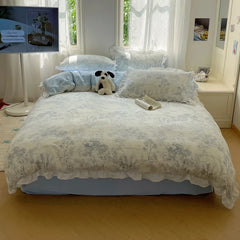 Blue Floral Ruffle Duvet Cover Set Queen Flower Leaf Comforter Covers 4Pcs Soft Luxury Pastoral Garden Washed Cotton Bedding Set