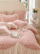 Three-Dimensional Rose Flowers Lace Ruffles Patchwork Bedding Set, Duvet Cover, Bed Sheet, Pillowcases, Pink, Egyptian Cotton