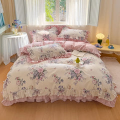 Romantic Flowers Prints Bedding Set Korean Style 100% Cotton Lace Princess Wedding Duvet Cover Bed Skirt Bedspread Pillowcases