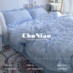 INS Girl Blue Bedding Sets Solid Color Seersucker Ruffles Lace Kawaii Soft Sheet Woman Duvet Cover Pillow Covers Quilt Cover