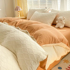 Argyle Jacquard Bedding Set Duvet Cover Pillowcases Flat Sheet Washed Cotton Solid Color Bed Linen Duvet Cover Set