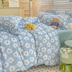Pastoral Girls Bedding Sets Soft Washed Cotton Bed Linens Princess Quilt Cover Sheet Simple White Flower Bedspread Home Textiles