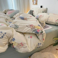 Student Dormitory Three-piece Ins Oil Painting Wind Tulip Quilt Set Double Yarn Four-piece Set 1.8 Washed Cotton Bed Girl