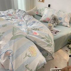 Bedding Set Double Layered Yarn INS Girls Mushroom Soft Washed Cotton Bed Sheet Queen King Size Duvet Set Pillowcase Bed Sheet