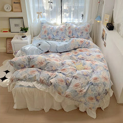 French Romantic Style Bedding Set Princess Skin Friendly And Comfortable Quilt Cover Lace Washed Cotton Printed Duvet Cover Set