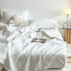 INS Style White Pink Quilted Ruffles Quilt Blanket Bedspread Washed Solid Color Korean Princess Style Summer Thin Quilt 1/3Pc