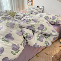 Bedding Set Girls Cherry Soft Washed Cotton Bed Sheet Queen King Size Duvet Set Comforter Set Pillowcase Bed Linens