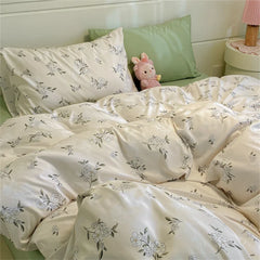 Floral Printed Duvet Cover with Pillowcase Bedding Set Washed Cotton Skin-friendly Four Pieces Set Duvet Cover Set with Sheet