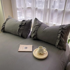 INS Princess Grey Bedding Sets 2025 Solid Color Ruffle Quilt Cover Romantic Bed Sheet Sets Girls Bedroom Duvet Cover 4pcs