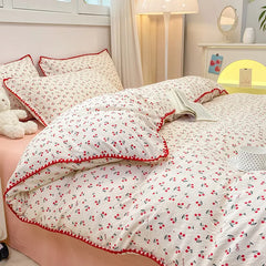 Bedding Set INS Girls Cherry Soft Washed Cotton Bed Sheet Queen King Size Duvet Set Comforter Set Pillowcase Bed Linens