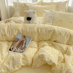 Fashion Lattice Bedding Set Bed Sheet Cute Princess AB Double Sided Ruffle Flower Quilt Cover Pillowcase Bedclothes Home Textile