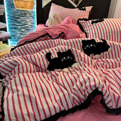 Korean Style Bedding Set Green Strip Black Cat Embroidery Washed Cotton Duvet Cover Cute Cardboard Bed linen Comforter Sets