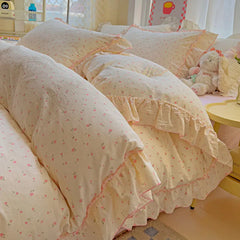 Korean Princess Style Floral Ruffles Bedding Set Washed Cotton Skin-friendly Soft Duvet Covers Set Bed Sheet Pillowcases 3/4Pcs