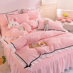 Checkered Bedding Set Bed Skirt Ruffle Lace Princess Style Girls Duvet Cover Simple Solid Color Home Textiles Decor Bedroom