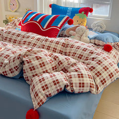 4pcs Grid positionin bedding Set (1*Duvet Cover +1 flat sheet + 2*Pillowcase, Wool ball decorative duvet cover pillowcases
