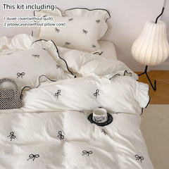 3pcs bow embroidery Bedding set ruffles Duvet Cover Set (1*Duvet Cover + 2*Pillowcase, Without Core)for bedroom guest room