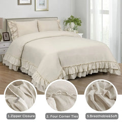 3 Piece Ruffled Duvet Cover Set Queen,Farmhouse Ruffle Comforter Set,Cozy Bedding Set - 1 Ruffle Comforter and 2 Pillowcases