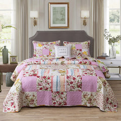 Double Bed Cotton Printed Floral Rose 3 Piece Quilted Quilt Pillowcase Free Shipping
